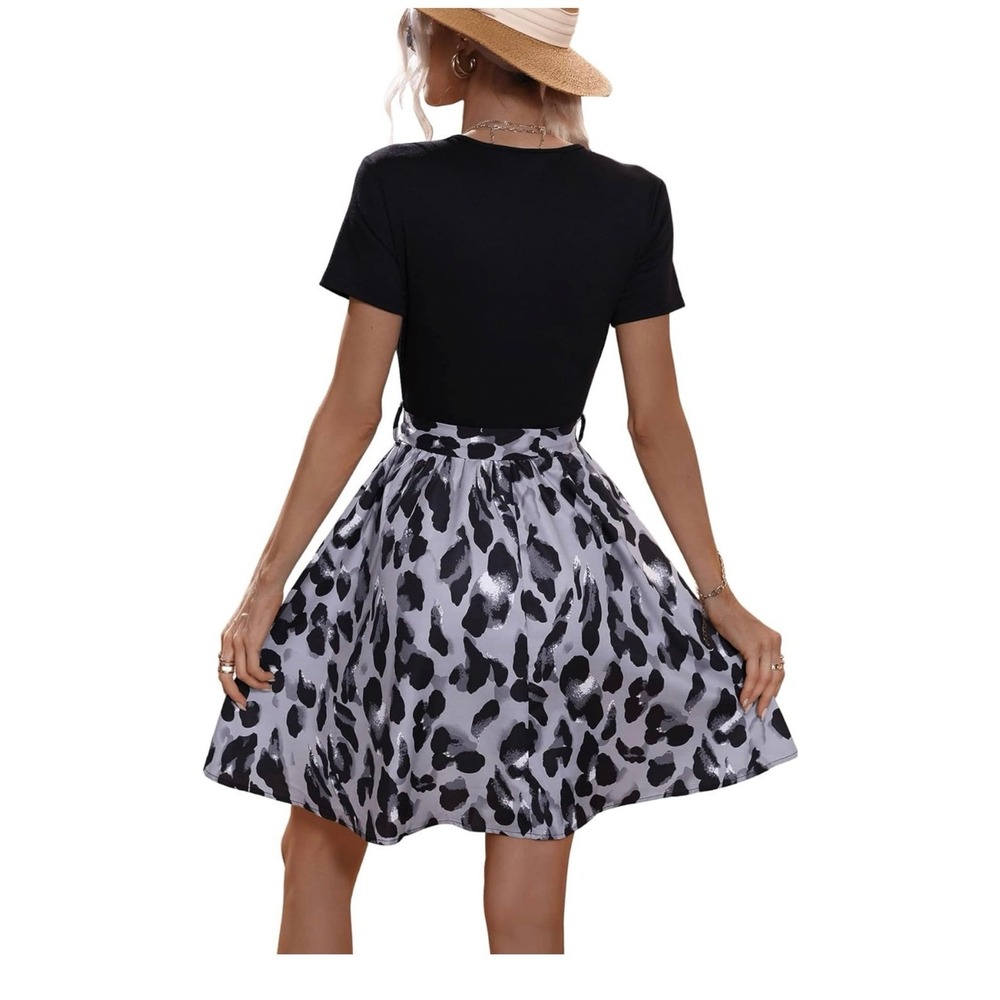 Mixed Material Graphic Short Sleeve Belted Mini A Line‎ Flared Skater Dress XL - Picture 2 of 5